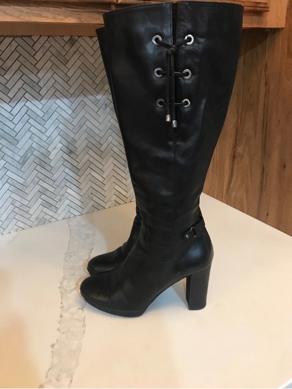 Aquatalia Womens Black Leather Boots Size 8 Tall Knee High